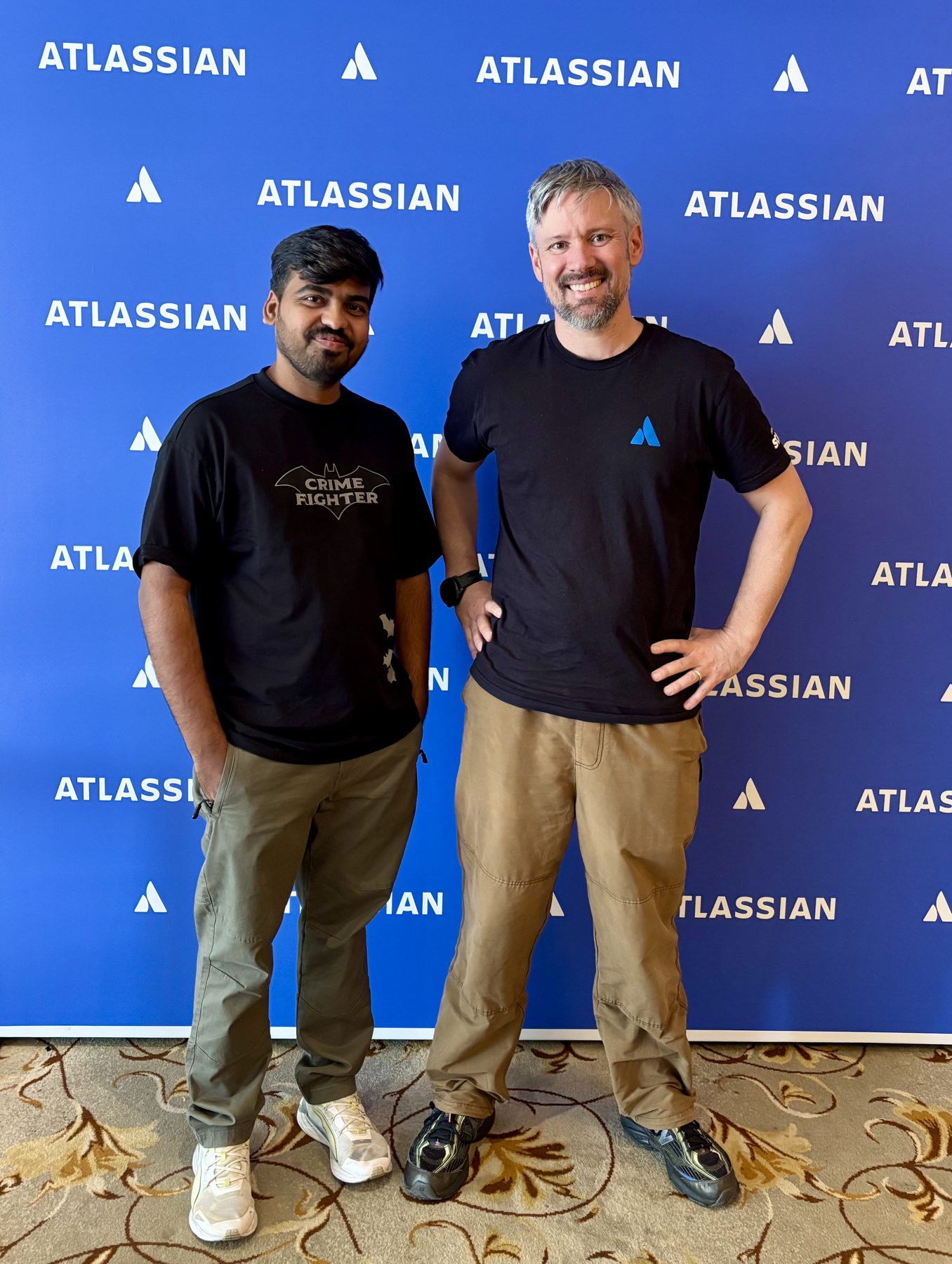 Vinoth Kumar with Tim Pettersen, Atlassian's Head of Ecosystem Solution Architecture, at Atlas Camp Bengaluru 2026